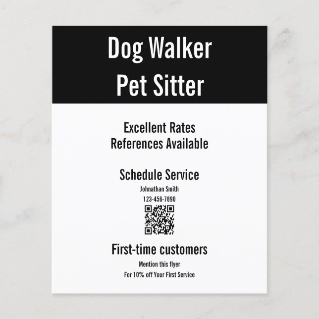 Dog Walker Pet Sitter Black White QR-kodmall Flygblad (Framsidan)