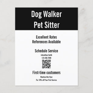 Dog Walker Pet Sitter Black White QR-kodmall Flygblad
