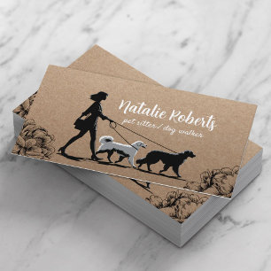 Dog Walker Pet Sitter Girl & Hundar Rustic Kraft Visitkort