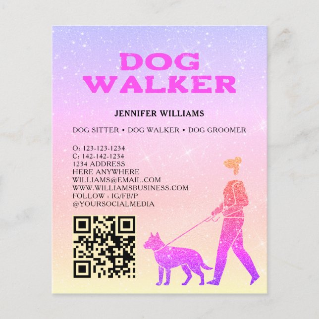 Dog Walker Pink Gold Glitter QR Code Pet Services Flygblad (Framsidan)