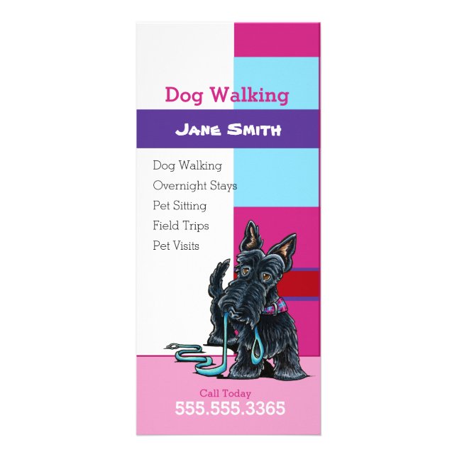 Dog Walker Scottie Play Pet Business Marknadsförin Reklamkort (Framsidan)