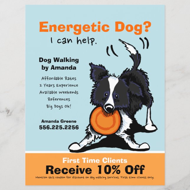 Dog Walker Walking Ad Coupon Gräns Collie Reklamblad (Framsidan)