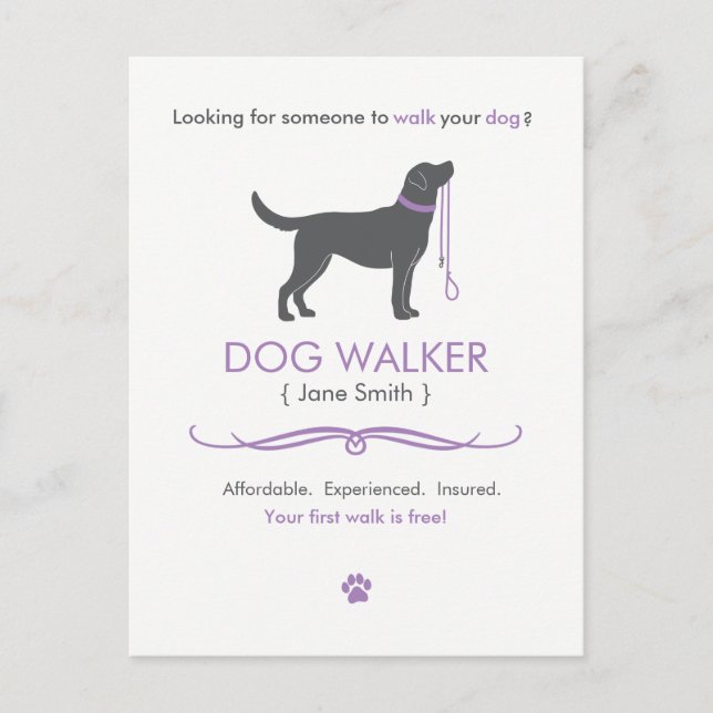 Dog Walker Walking Business Postcard Advertising Vykort (Framsida)