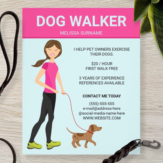 Dog Walker Woman med en brun Hund Illustration Flygblad (Skapare uppladdad)