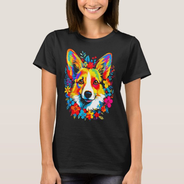 Dog Welsh Corgi Flowers Peace T Shirt (Framsida)