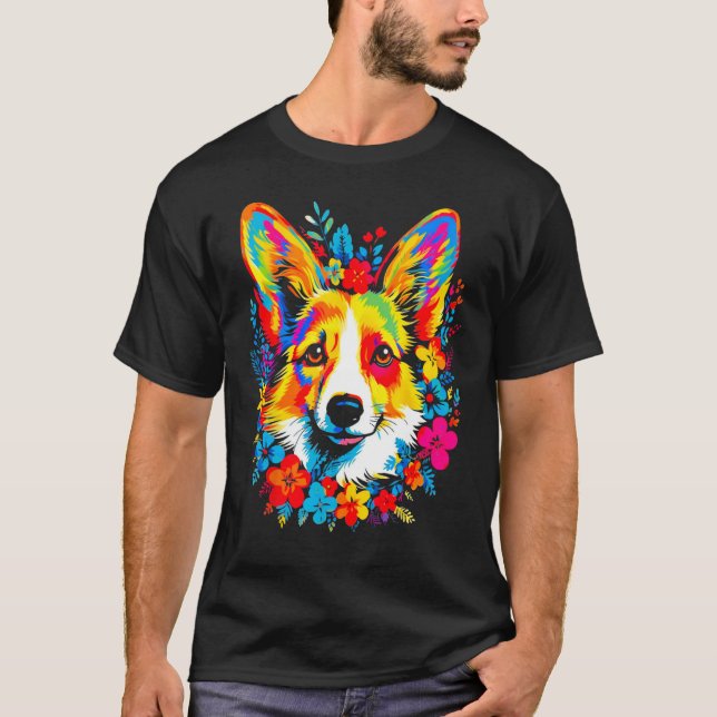 Dog Welsh Corgi Flowers Peace T Shirt (Framsida)