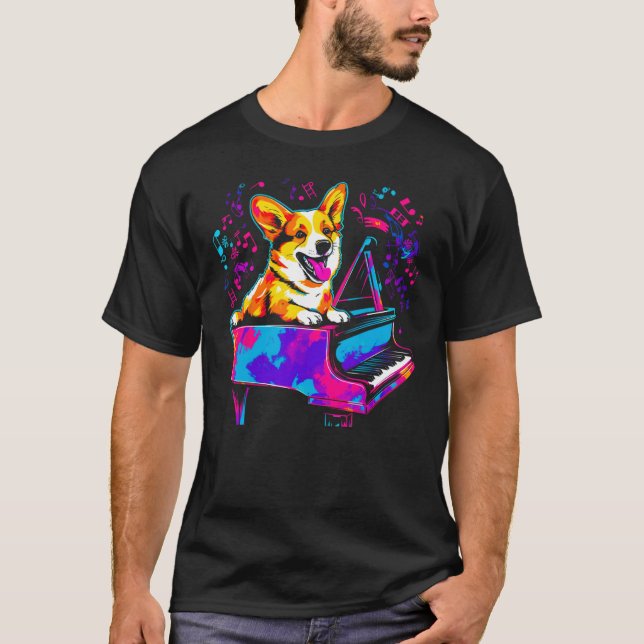 Dog Welsh Corgi Pianist T Shirt (Framsida)