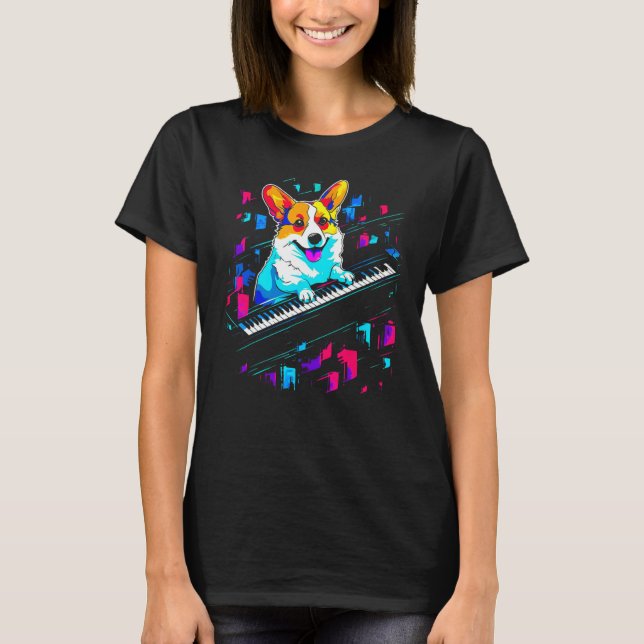 Dog Welsh Corgi Piano T Shirt (Framsida)