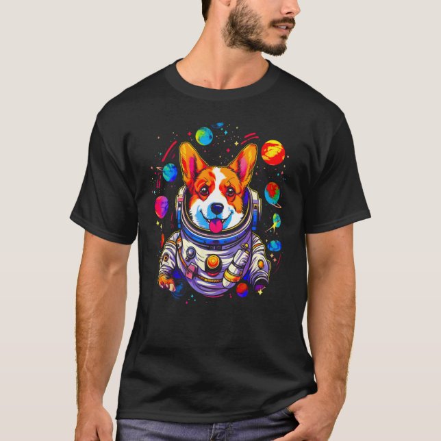Dog Welsh Corgi Planet Space Astronaut T Shirt (Framsida)