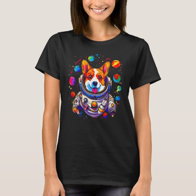 Dog Welsh Corgi Planet Space Astronaut T Shirt (Framsida)