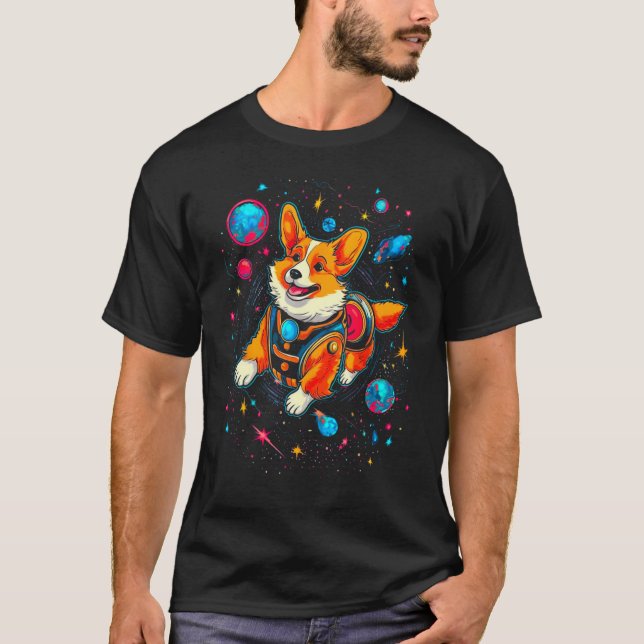 Dog Welsh Corgi Planet Space T Shirt (Framsida)