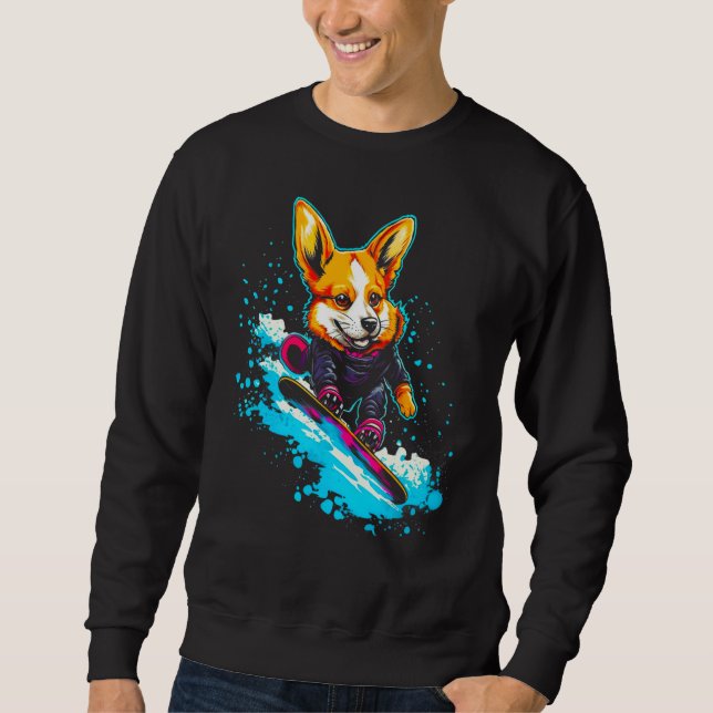 Dog Welsh Corgi Snowboard Lång Ärmad Tröja (Framsida)