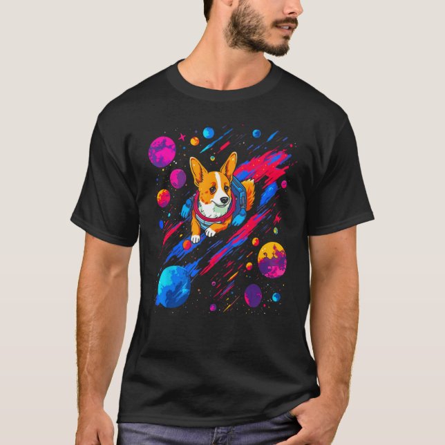 Dog Welsh Corgi Space Planet Universe T Shirt (Framsida)