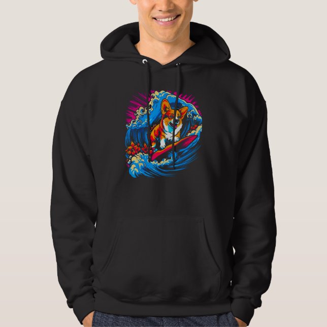 Dog Welsh Corgi Surfing Hoodie (Framsida)