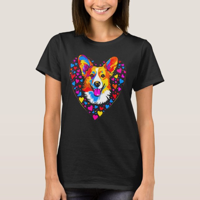 Dog Welsh Corgi Yellow Blue Red Heart T Shirt (Framsida)