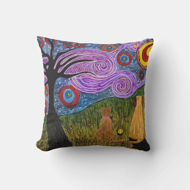Doggie och Cat Starry Night Outdoor Pillow Kudde (Framsida)