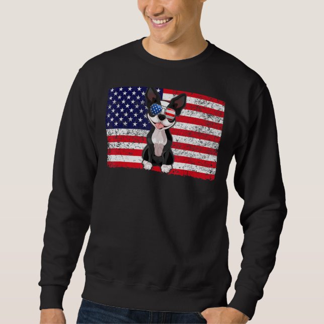 Doggie Usa Hundägare Usa Boston Terrier USA flagga Lång Ärmad Tröja (Framsida)