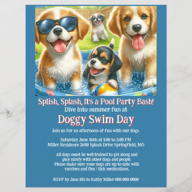 Doggy Simma Day Bassäng Party-inbjudningsboner Reklamblad (Framsidan)