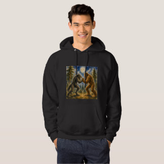 Dogman vs Bigfoot Månbelyst Skogsslag Vattenfärg Hoodie