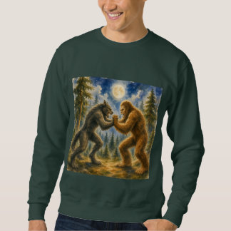 Dogman vs Bigfoot Månbelyst Skogsslag Vattenfärg Lång Ärmad Tröja