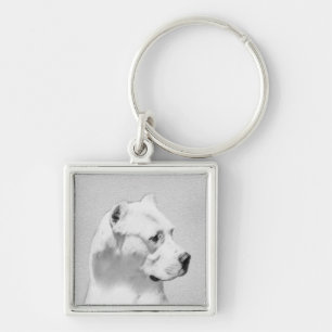 Dogo Argentino Painting - Original Hund Art Fyrkantig Silverfärgad Nyckelring
