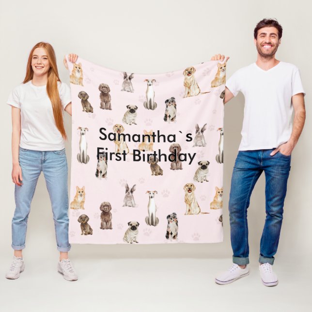 DogPuppy watercolor dogs first birthday Fleecefilt (På plats)