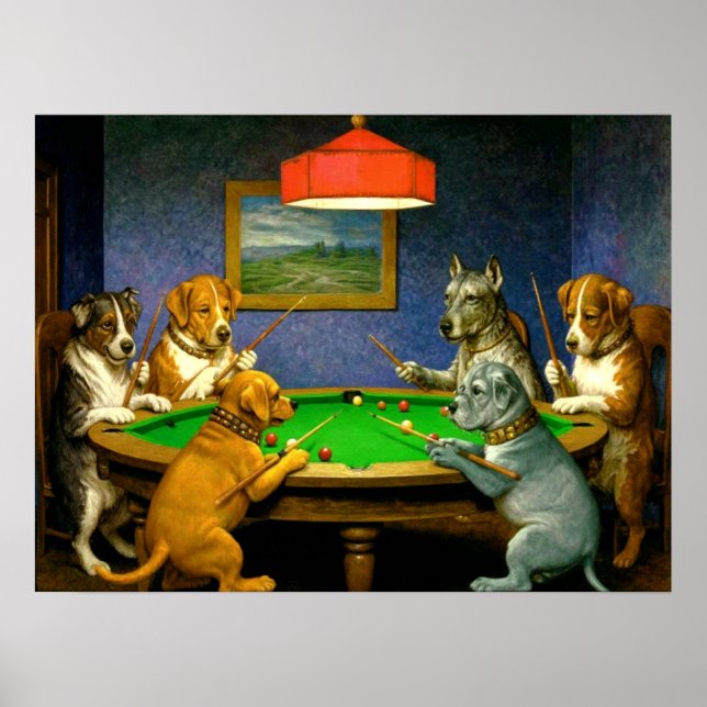 Dogs Playing Snooker Billiards Fun Spoof Poster (Framsidan)