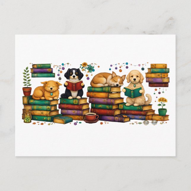 Dogs Reading Books Cozy Library Scene Vykort (Framsida)