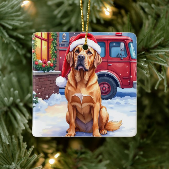 Dogue de Bordeaux Firefighter Station Santa Hat Julgransprydnad Keramik (Träd)