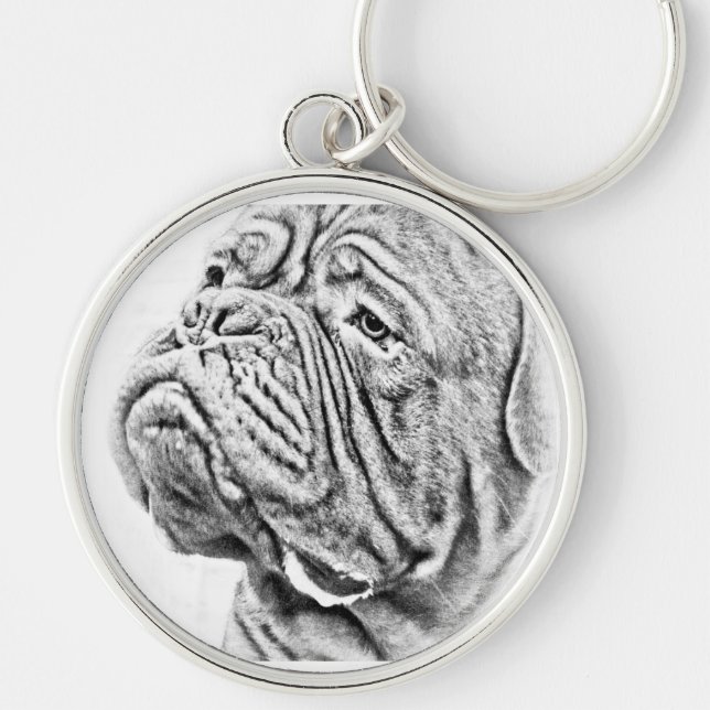Dogue De Bordeaux - fransk Mastiff Rund Silverfärgad Nyckelring (Framsidan)
