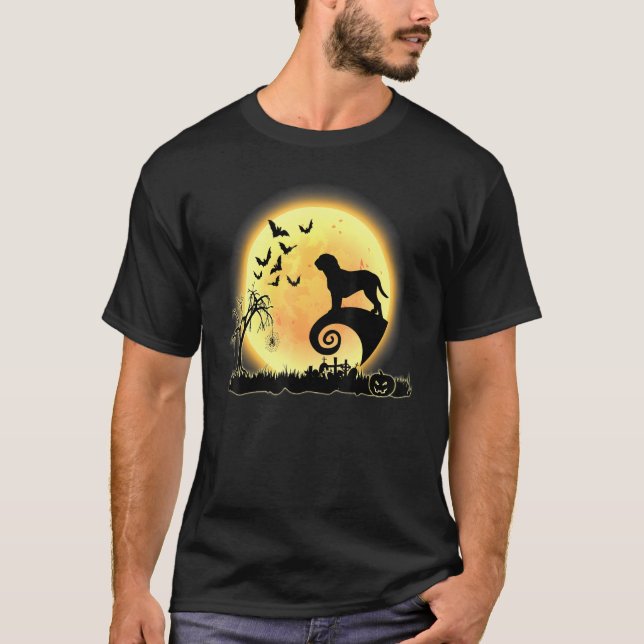 Dogue de Bordeaux Scary och Måne Hund Halloween Co T Shirt (Framsida)