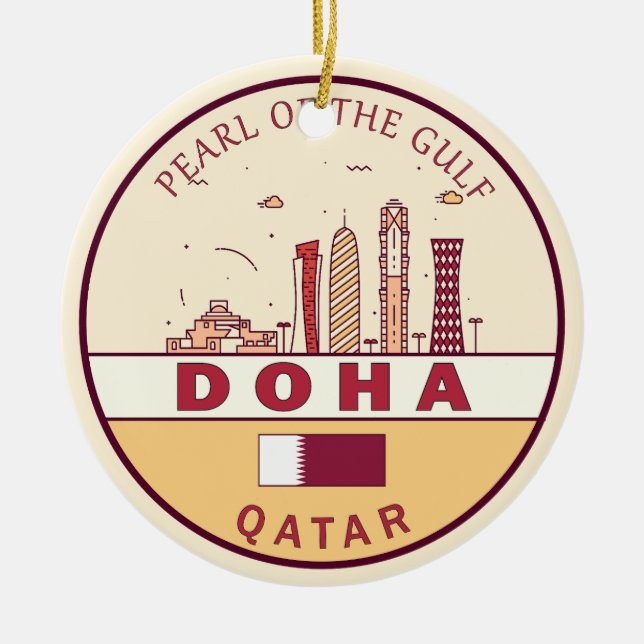 Doha Qatar City Skyline Emblem Julgransprydnad Keramik (Framsidan)