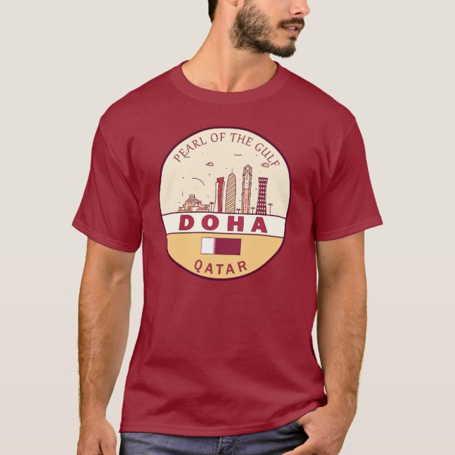 Doha Qatar City Skyline Emblem T Shirt (Framsida)