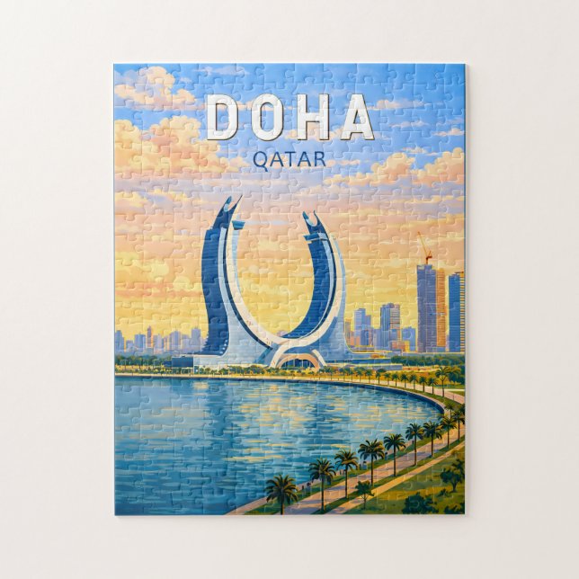 Doha Qatar Illustration Resa Konst Vintage Pussel (Vertikal)