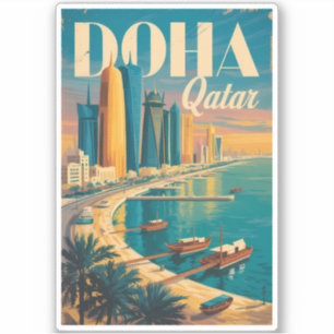 Doha Qatar Siluett Illustration Resa Konst Vintage Klistermärken