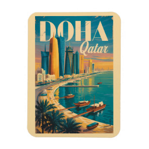 Doha Qatar Siluett Illustration Resa Konst Vintage Magnet