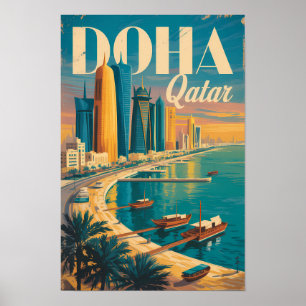 Doha Qatar Siluett Illustration Resa Konst Vintage Poster