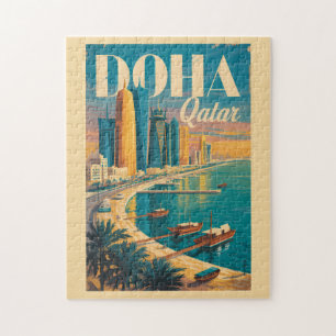 Doha Qatar Siluett Illustration Resa Konst Vintage Pussel