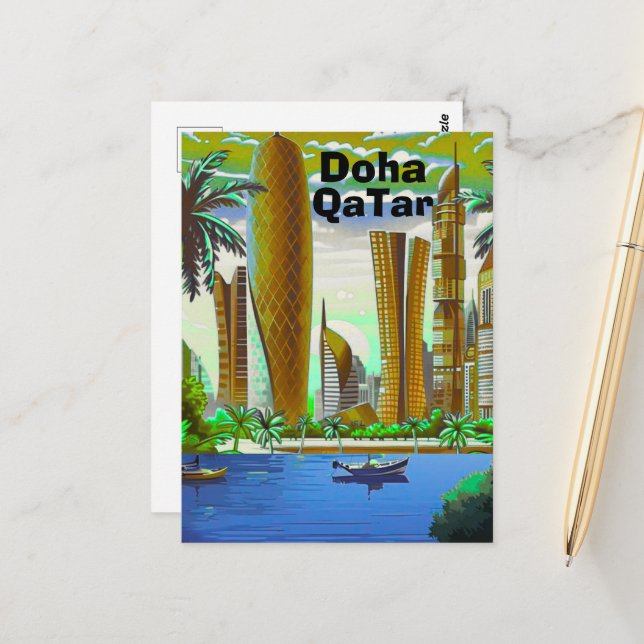 Doha Resebrevkort Konst, Doha Stadssiluett, Doha Q Vykort (Fram/Back In Situ)