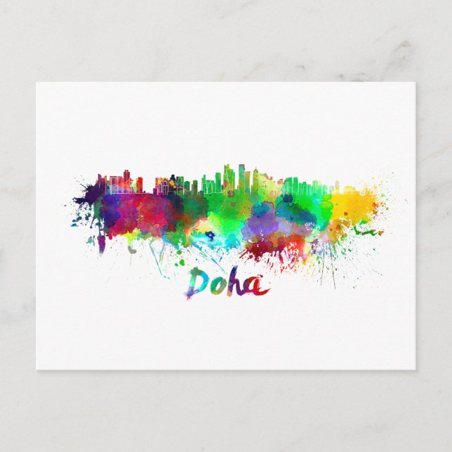 Doha skyline in watercolor vykort (Framsida)