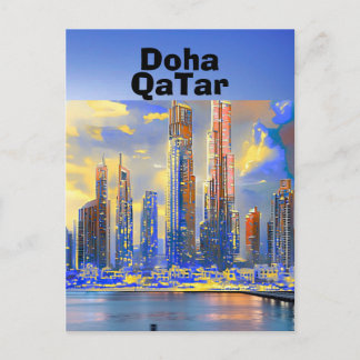 Doha Travel Postcard Art, Doha Skyline, Doha Qatar Vykort