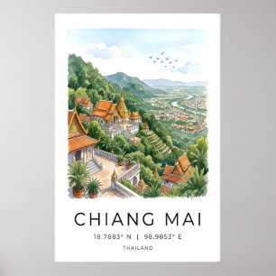 Doi Suthep-tempeltryck Chiang Mai Akvarellkonst Poster
