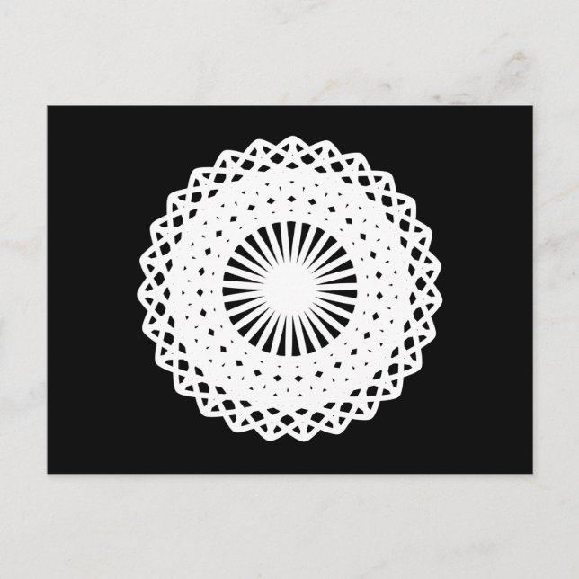 Doily. Den vita snöre-cirkeln. På Black. Vykort (Framsida)