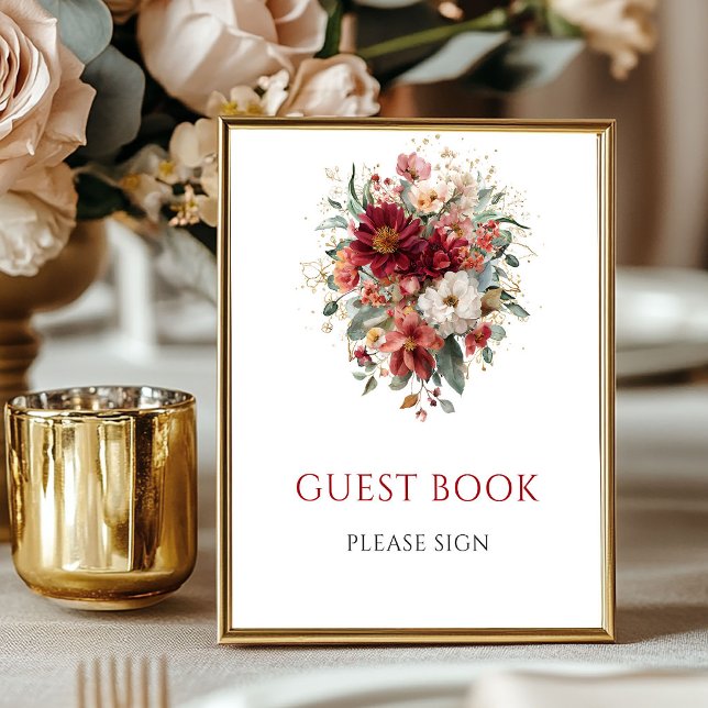 Dokt Röd Höst Blommig Gästbok 8x10 Bordsskiva Poster (Deep Red Autumn Floral Guest Book 8x10 Tabletop

)
