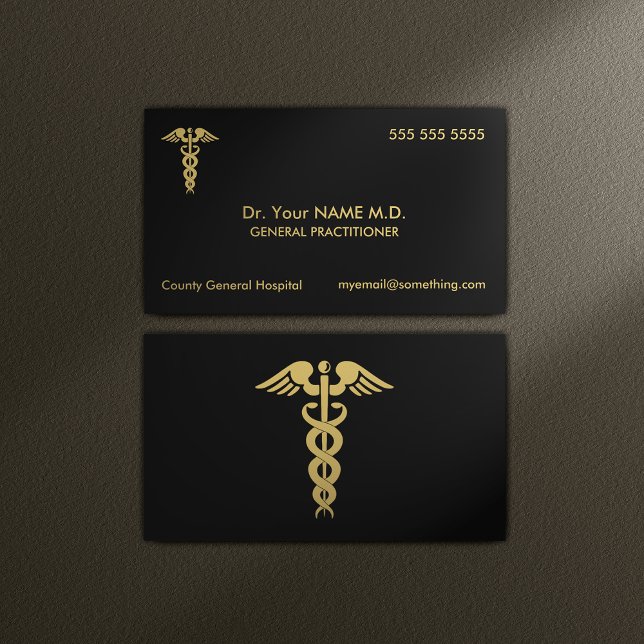 Doktor Caduceus Black och Guld Visitkort (Medical Doctor Business Cards)