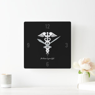 Doktor Medical Caduceus Black Professionell Anpass Fyrkantig Klocka