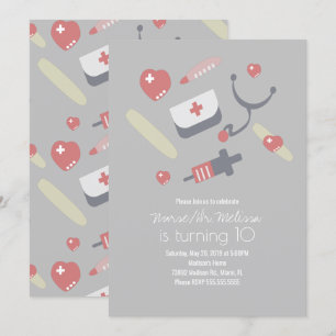 Doktor Nurse Födelsedagsfest Medical Mönster Rosa Inbjudningar