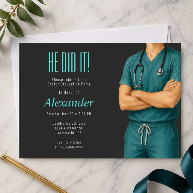 Doktor Utexaminerings Foto Festinladan Julkort (Modern doctor graduation party invitation with photo, clean medical theme design)