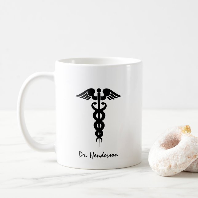 Doktor White Black Caduceus Personlig Kaffemugg (Med munk)