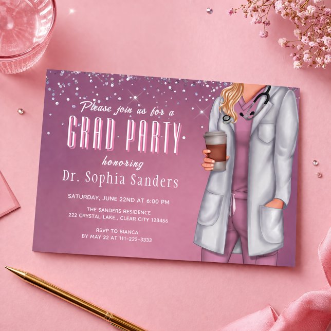 Doktoravslutningsfest Fotoinbjudan Inbjudningar (Modern doctor graduation party invite pink elegant layout)